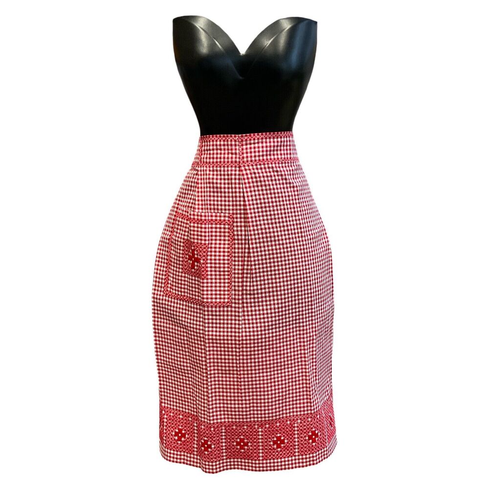 Gingham Print Vintage‎ Apron Handmade Cross Stitched Embroidered Red Check